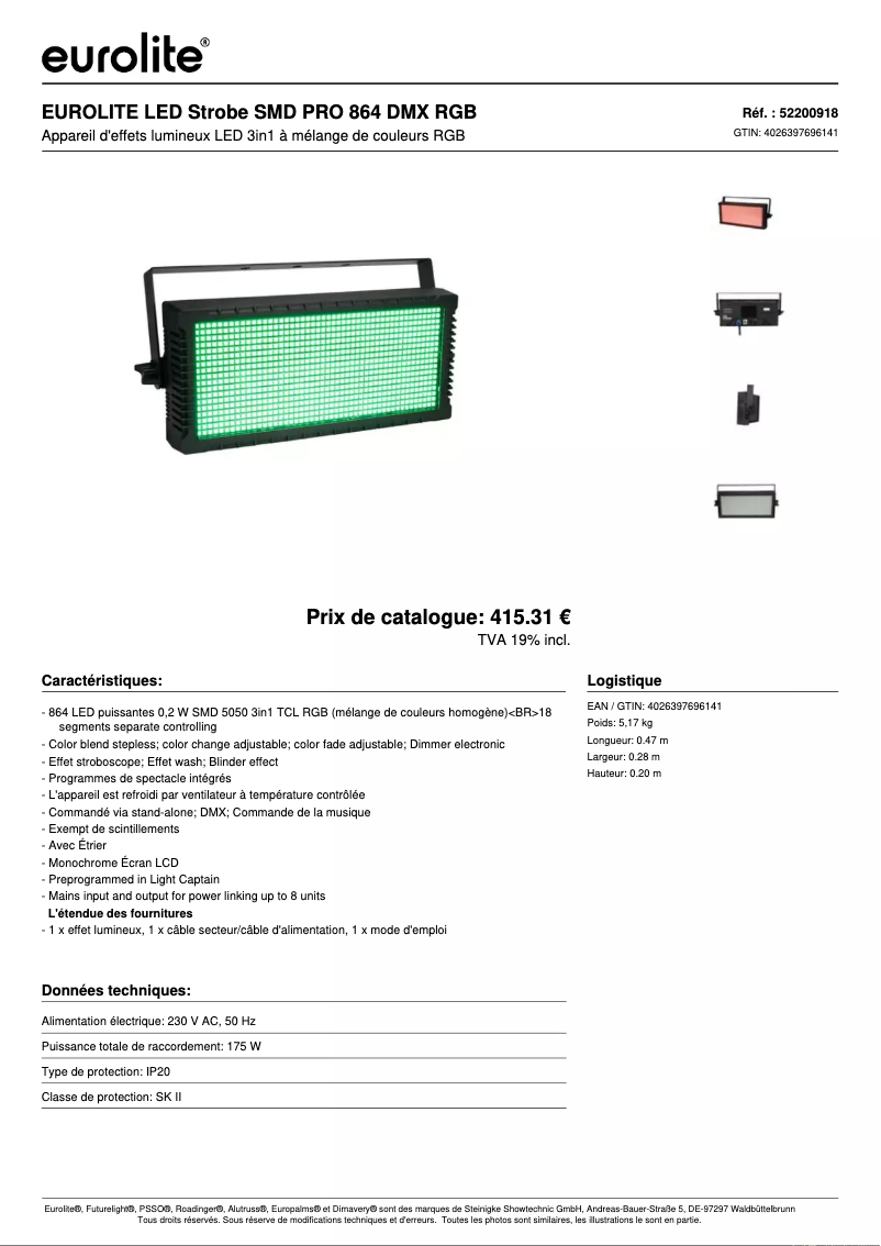 Page 1 de la notice Fiche technique Eurolite LED Strobe SMD PRO 864 DMX RGB
