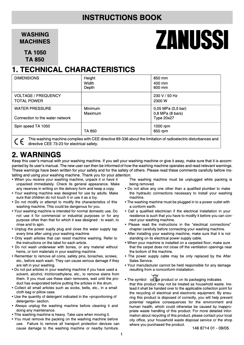 Page 1 de la notice Manuel utilisateur Zanussi TA 850