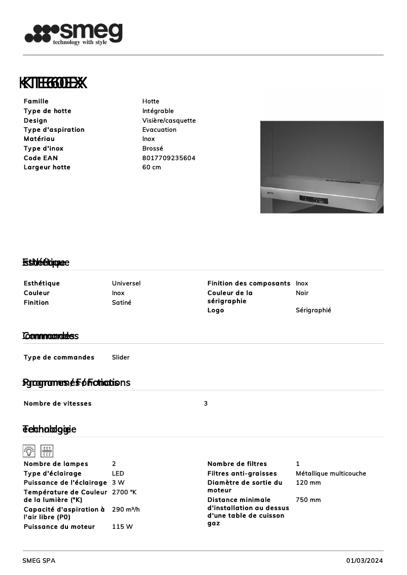 Page n°1 - Fiche technique Smeg KTE60EX