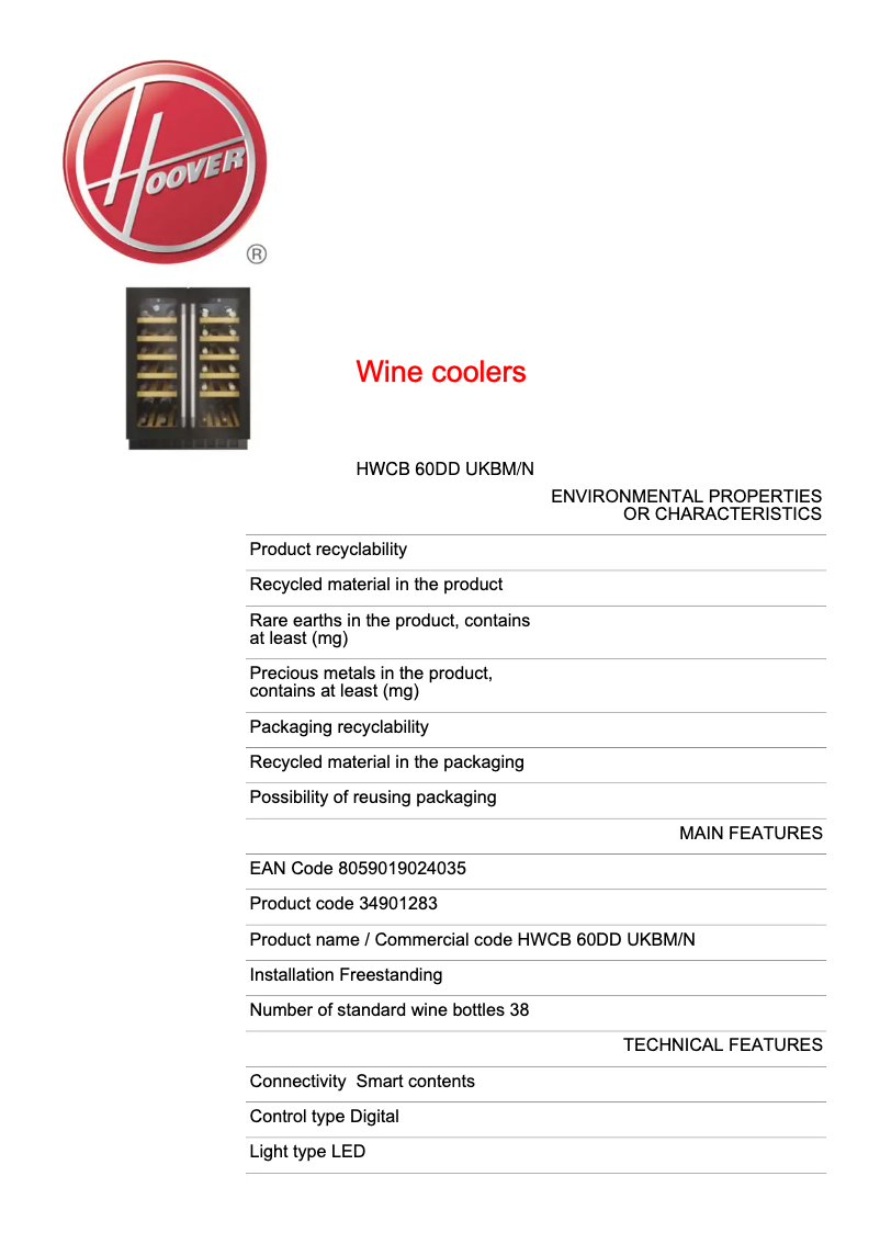 Page 1 de la notice Fiche technique Hoover HWCB 60DD UKBM/N