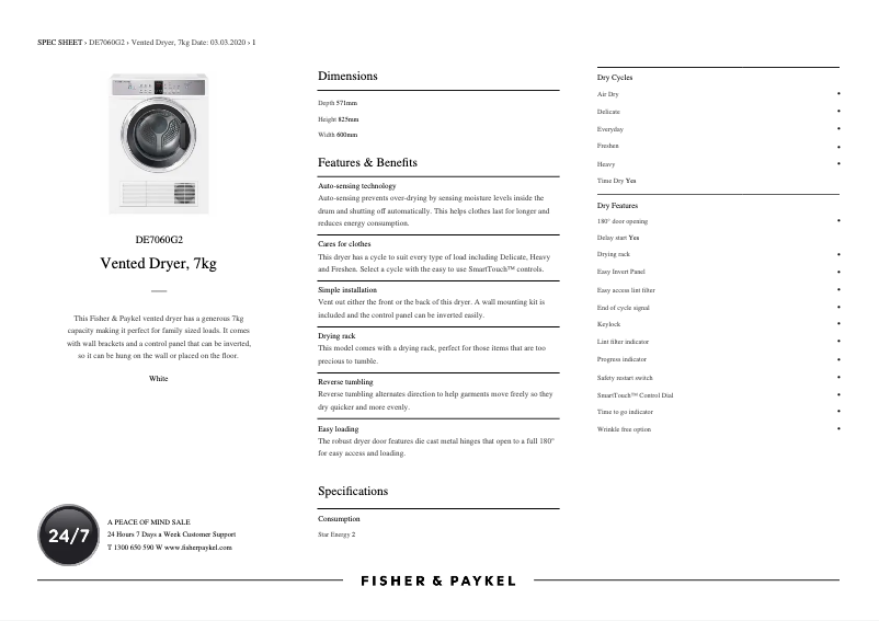 Page 1 de la notice Fiche technique Fisher & Paykel DE7060G2