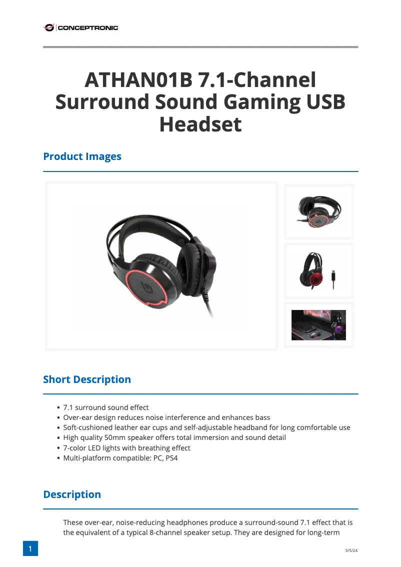 Page 1 de la notice Fiche technique Conceptronic ATHAN01B