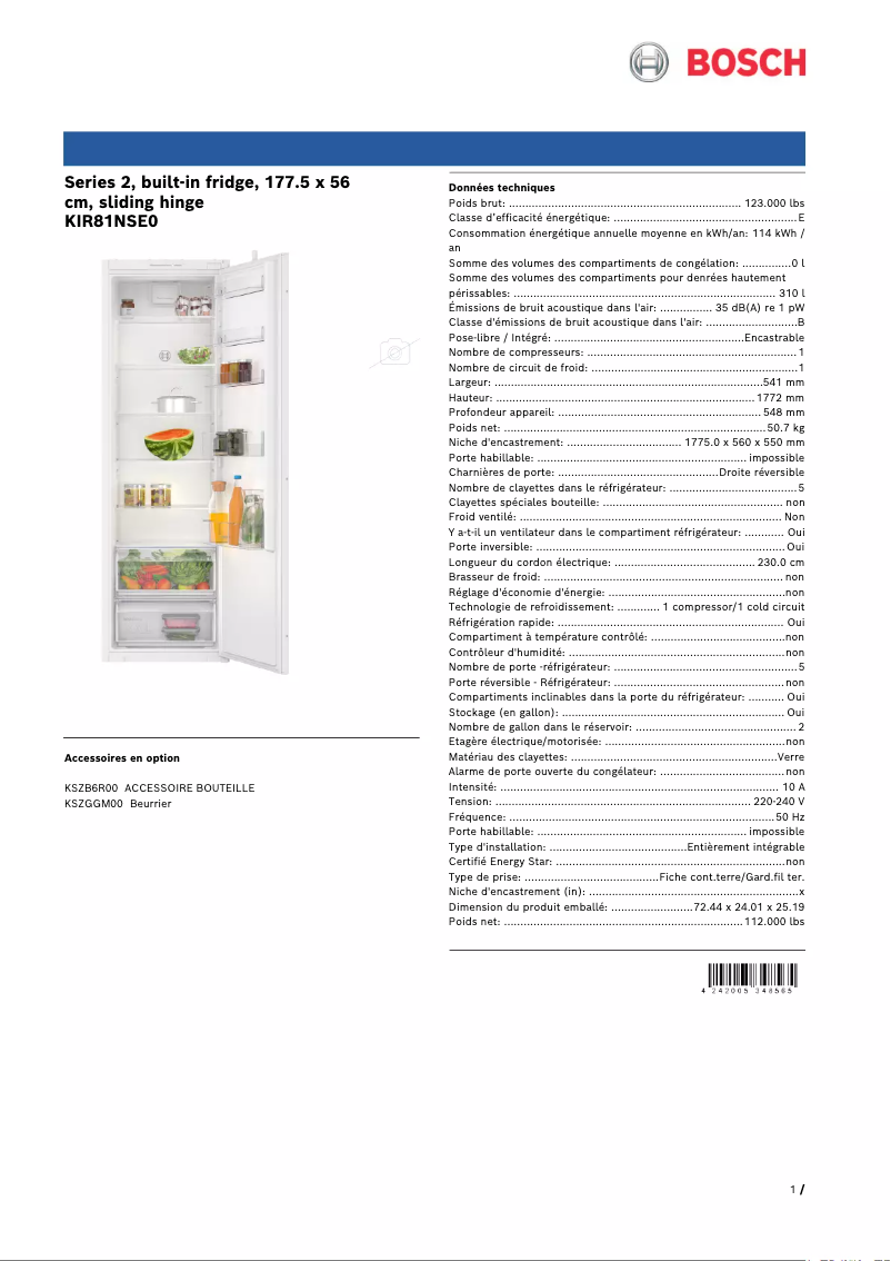 Page n°1 - Fiche technique Bosch KIR81NSE0