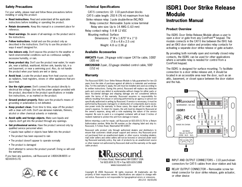 Page n°1 - Manuel utilisateur Russound ISDR1
