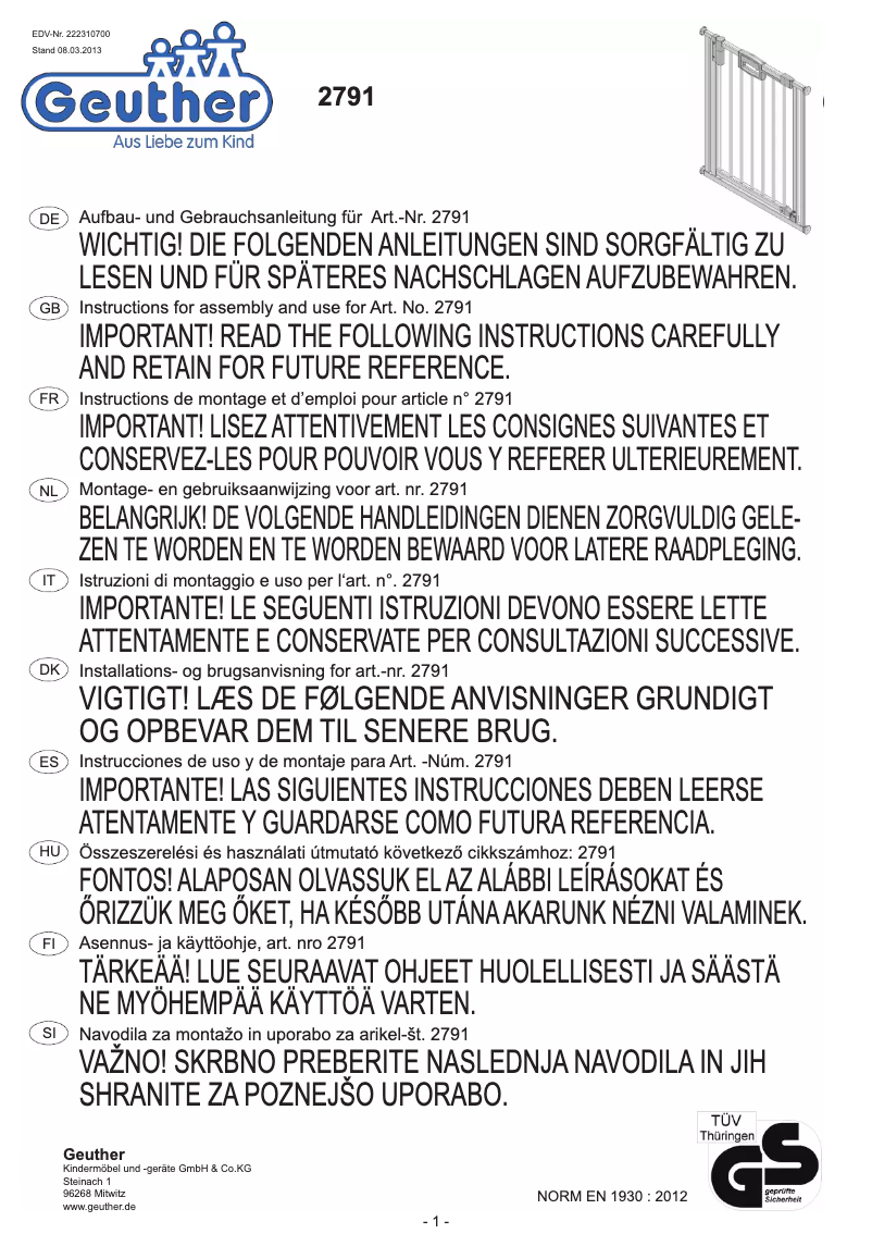 Page n°1 - Manuel utilisateur Geuther Easylock Wood 2791