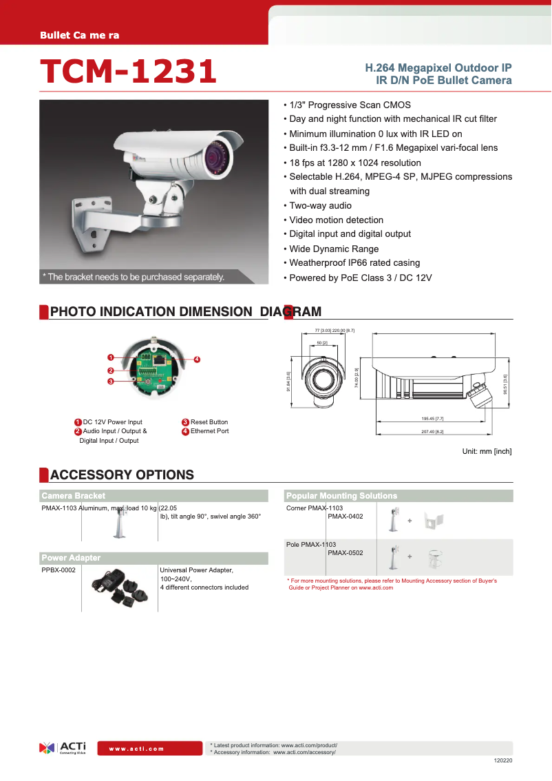 Page n°1 - Fiche technique ACTi TCM-1231