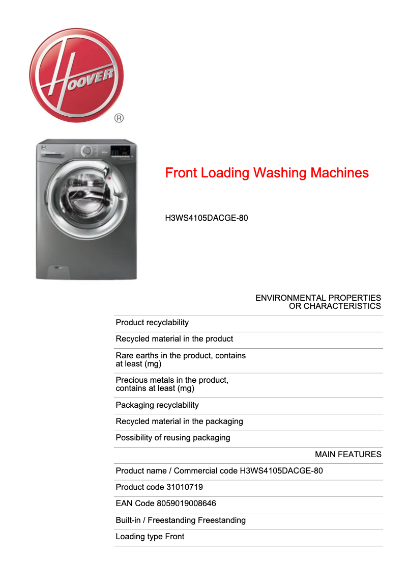 Page n°1 - Fiche technique Hoover H-WASH 300 LITE H3WS4105DACGE-80