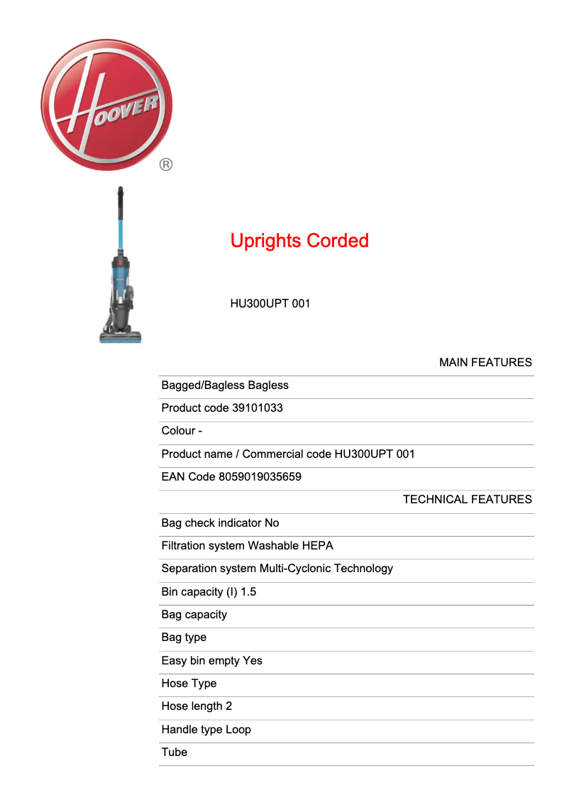 Page n°1 - Fiche technique Hoover H-Upright 300 HU300UPT 001