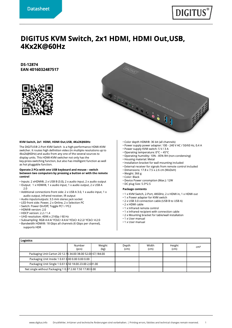 Page 1 de la notice Fiche technique Digitus DS-12874