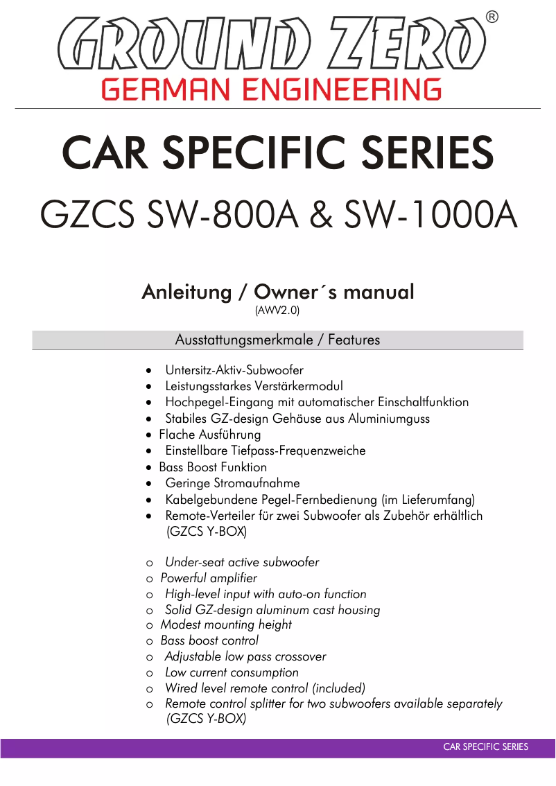 Page 1 de la notice Manuel utilisateur Ground Zero GZCS SW-800A