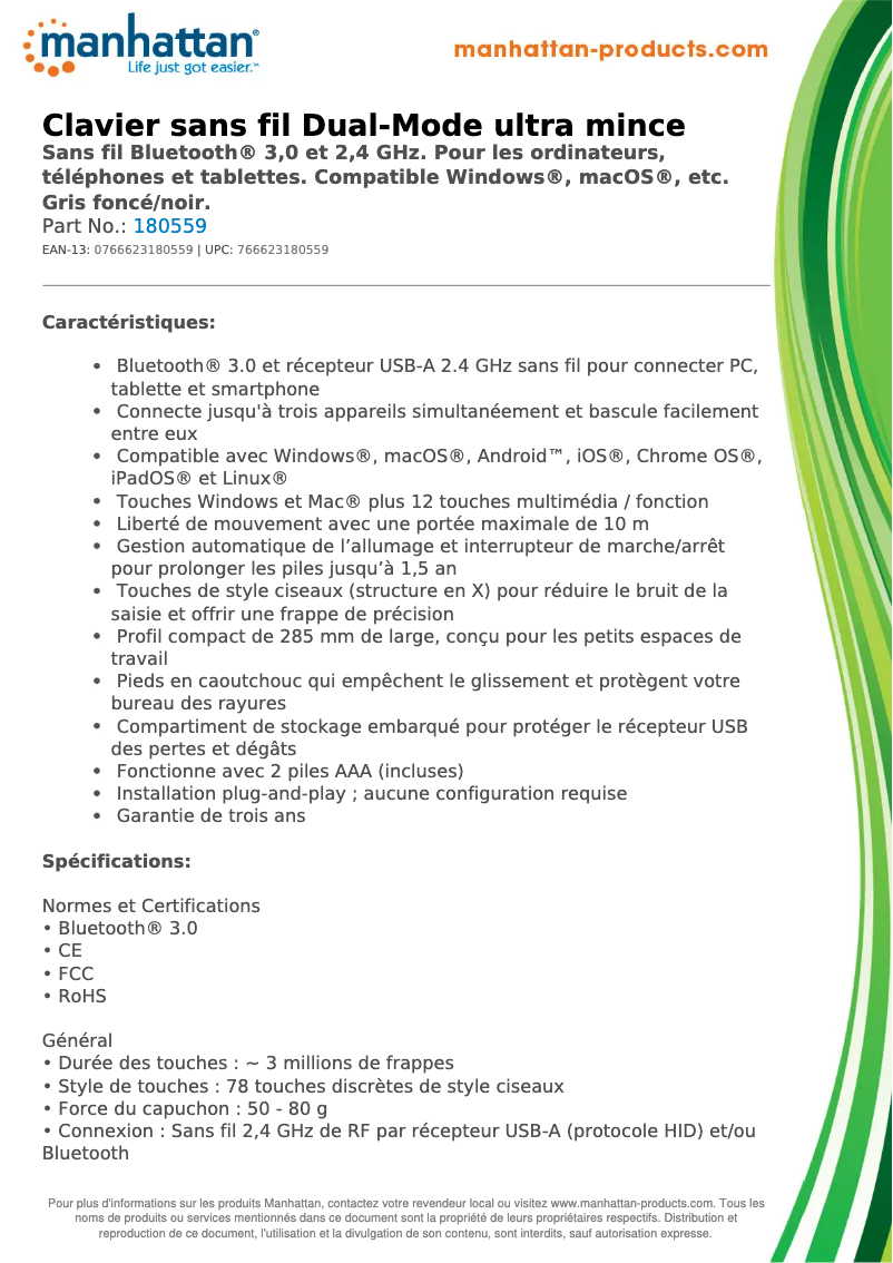 Page 1 de la notice Fiche technique Manhattan 180559