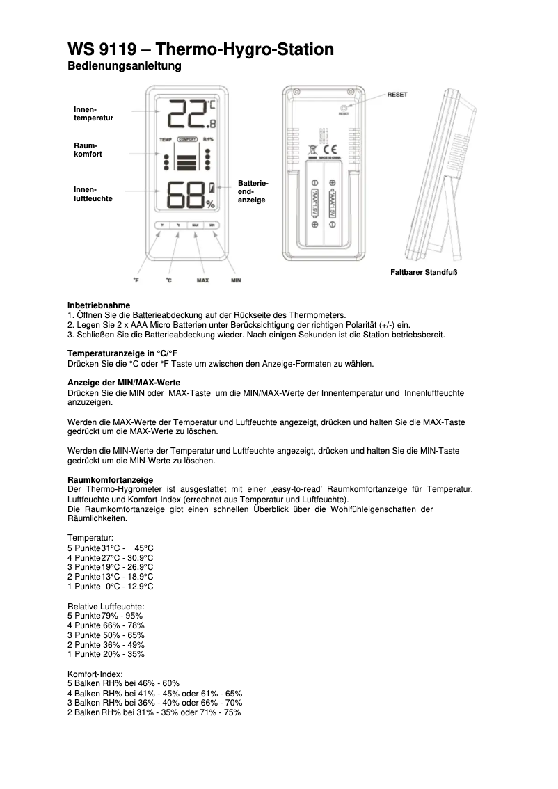 Page 1 de la notice Manuel utilisateur Techno Line WS 9119