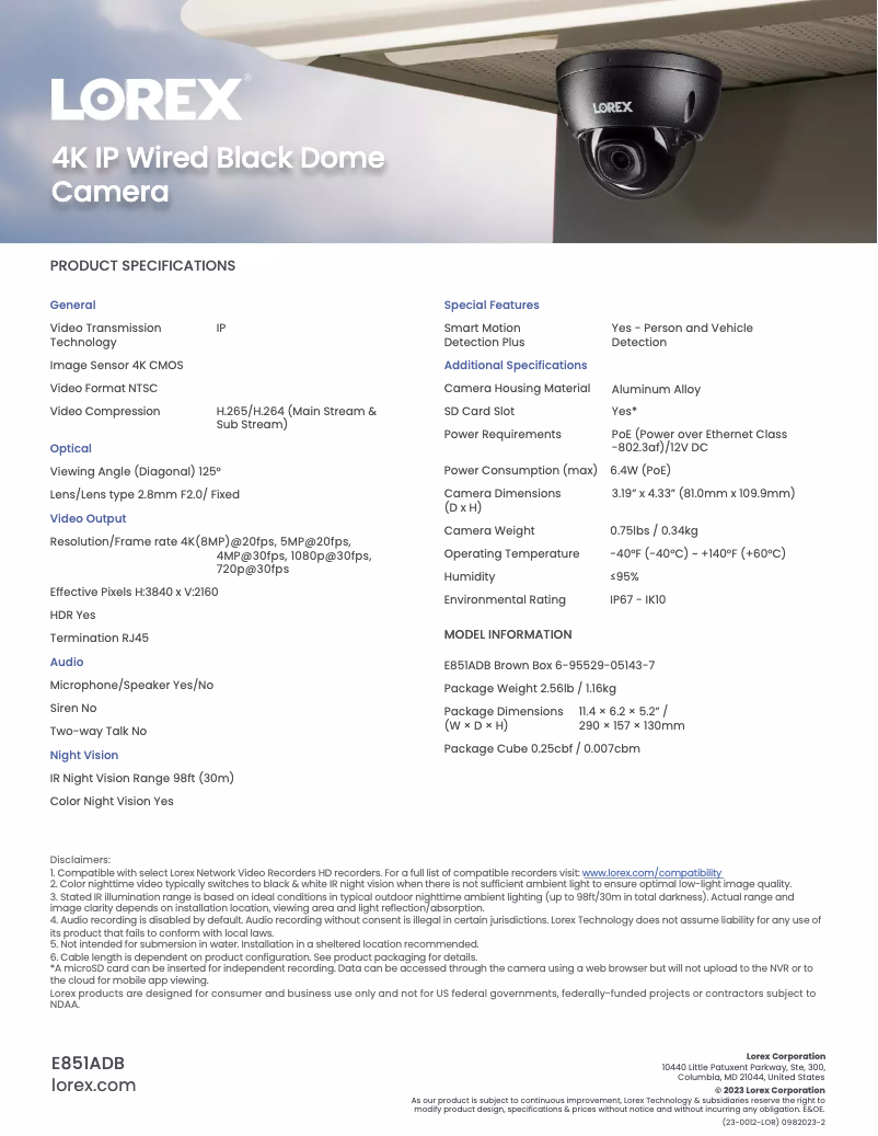 Página 1 del manual Ficha técnica Lorex E851ADB