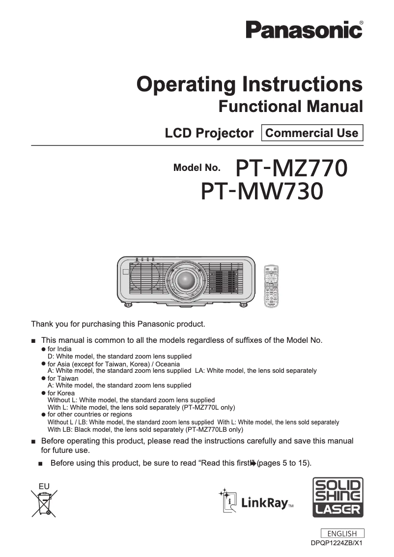Page n°1 - Manuel utilisateur Panasonic PT-MW730LEJ