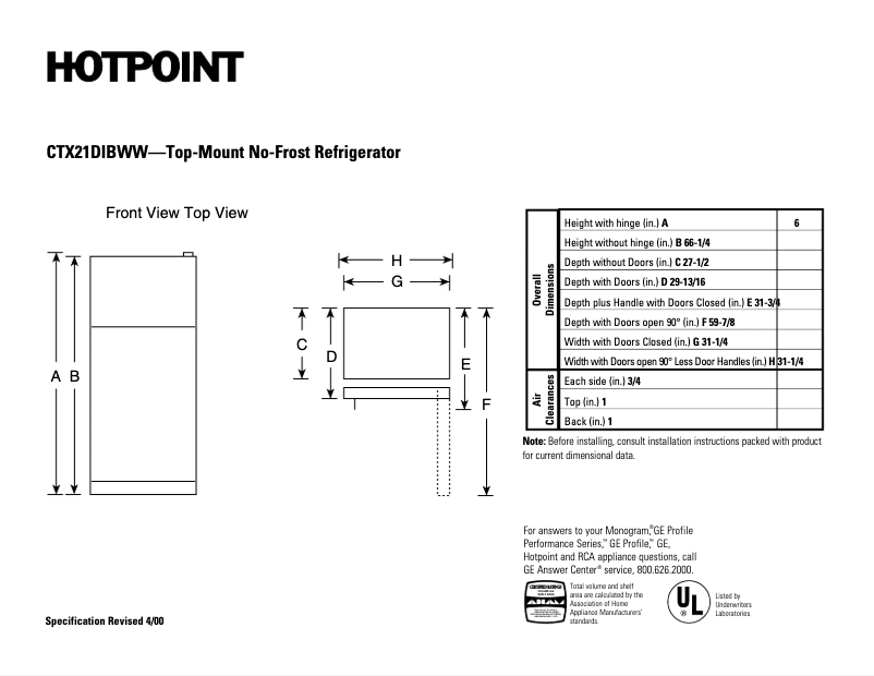Page 1 de la notice Fiche technique Hotpoint CTX21DIBWW
