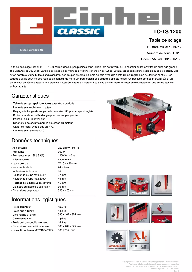Page 1 de la notice Fiche technique Einhell TC-TS 1200
