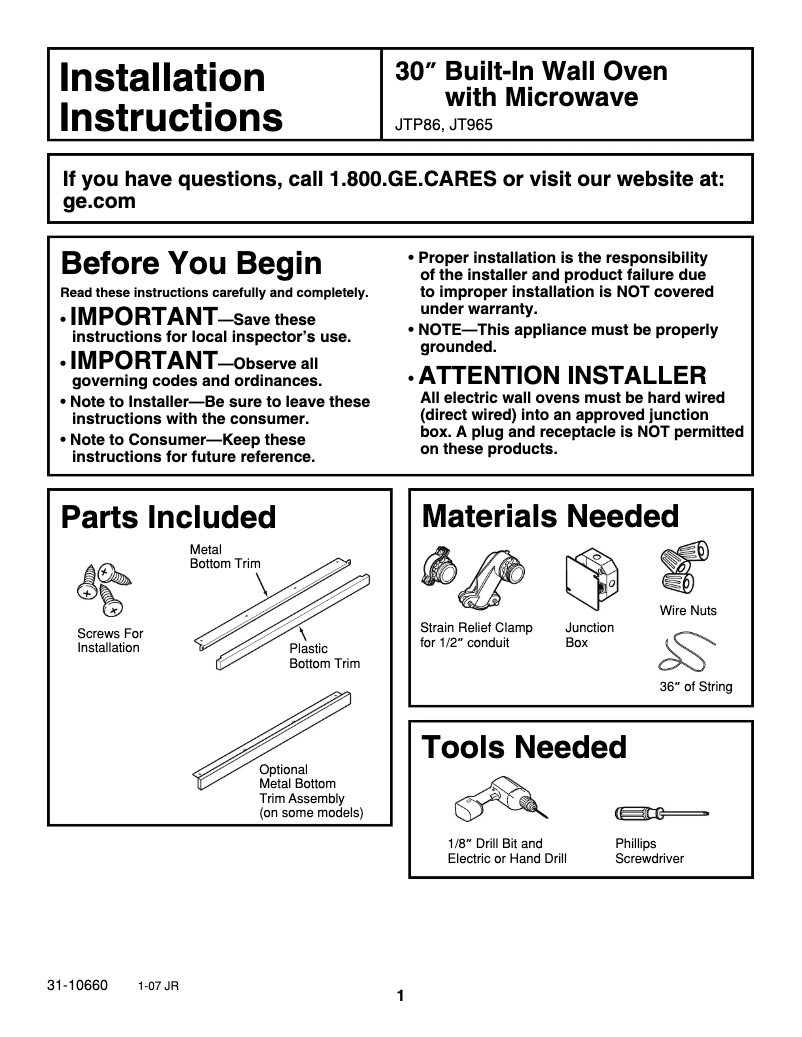 Page 1 of the manual Installation Guide GE JTP86SFSS
