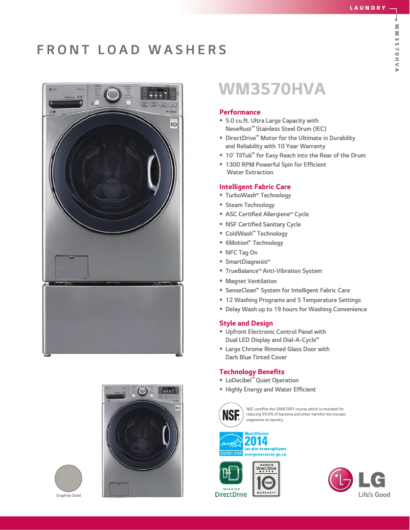 Page 1 de la notice Fiche technique LG WM3570HVA