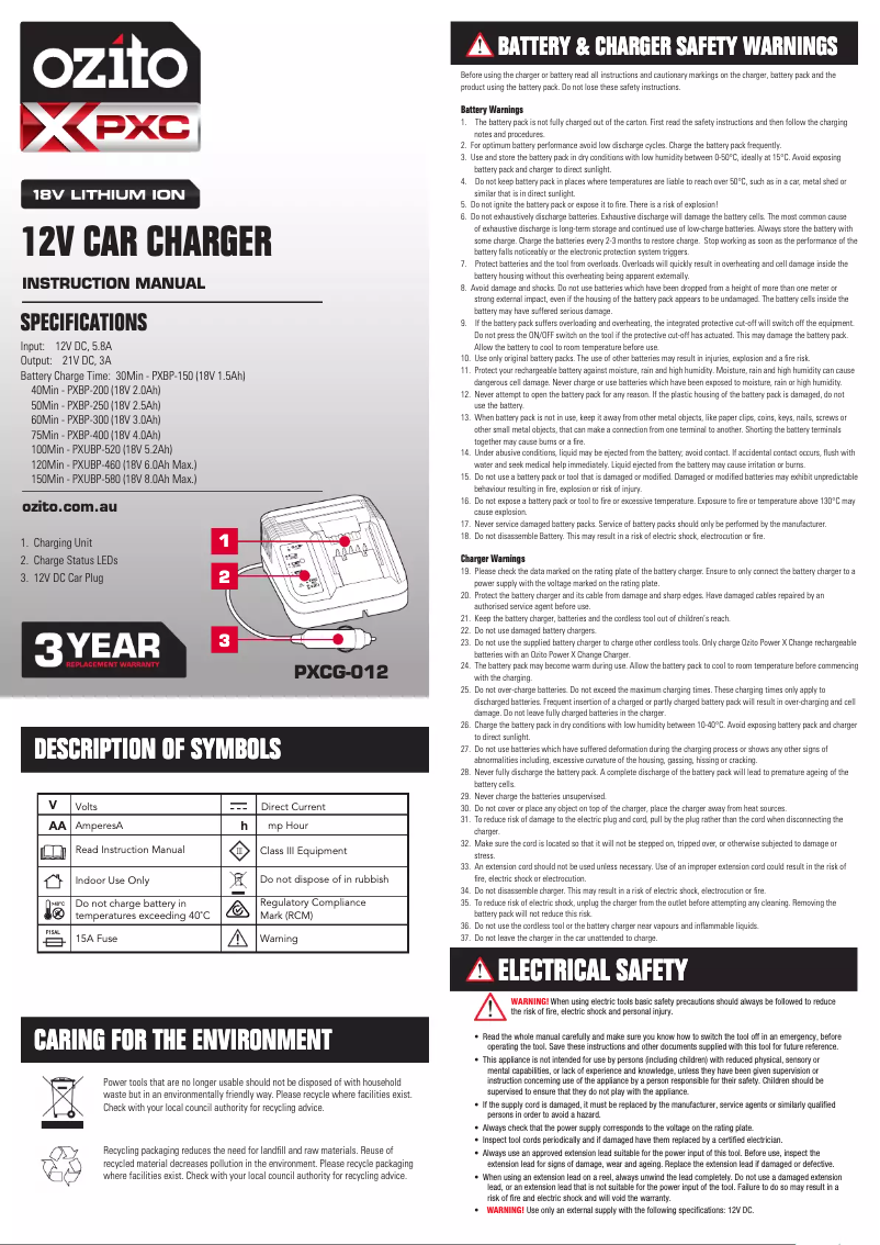Page 1 de la notice Manuel utilisateur Ozito PXCG-012