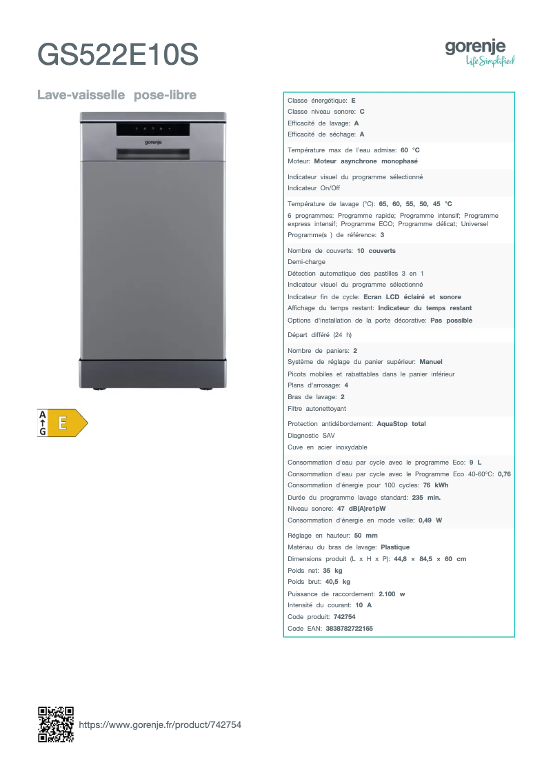 Page n°1 - Fiche technique Gorenje GS522E10S