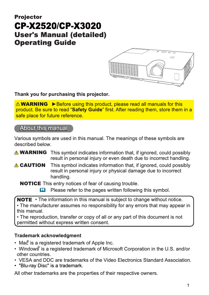 Page 1 de la notice Manuel utilisateur Hitachi CP-WX2520