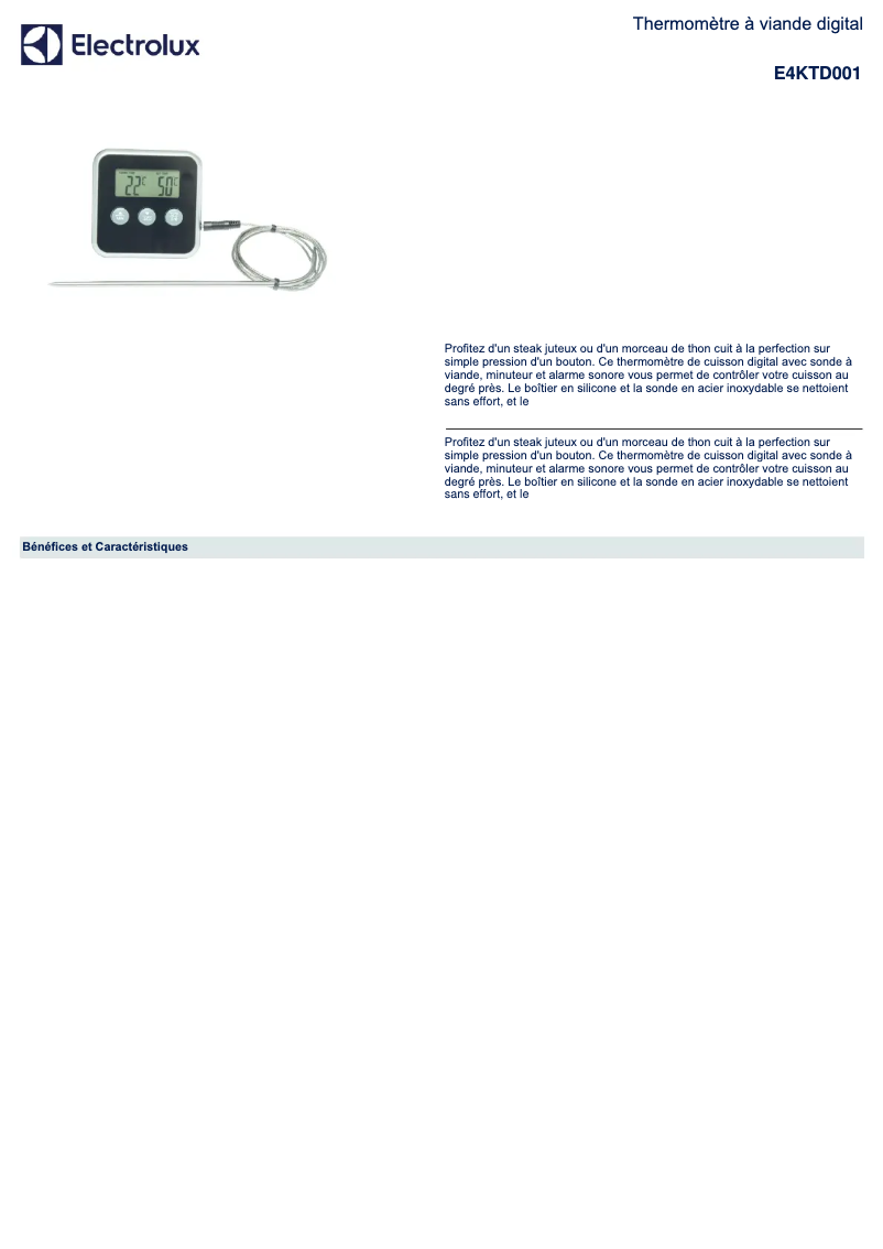 Page 1 de la notice Fiche technique Electrolux E4KTD001