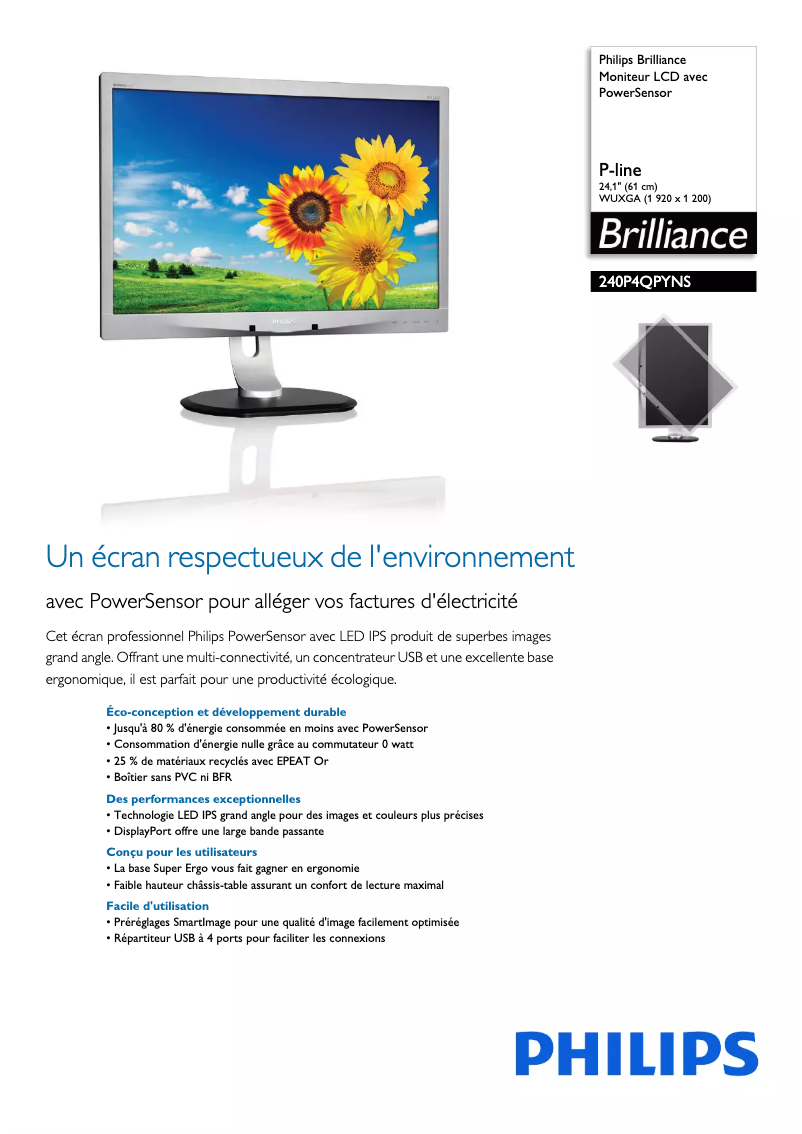 Page n°1 - Fiche technique Philips Brilliance 240P4QPYNS