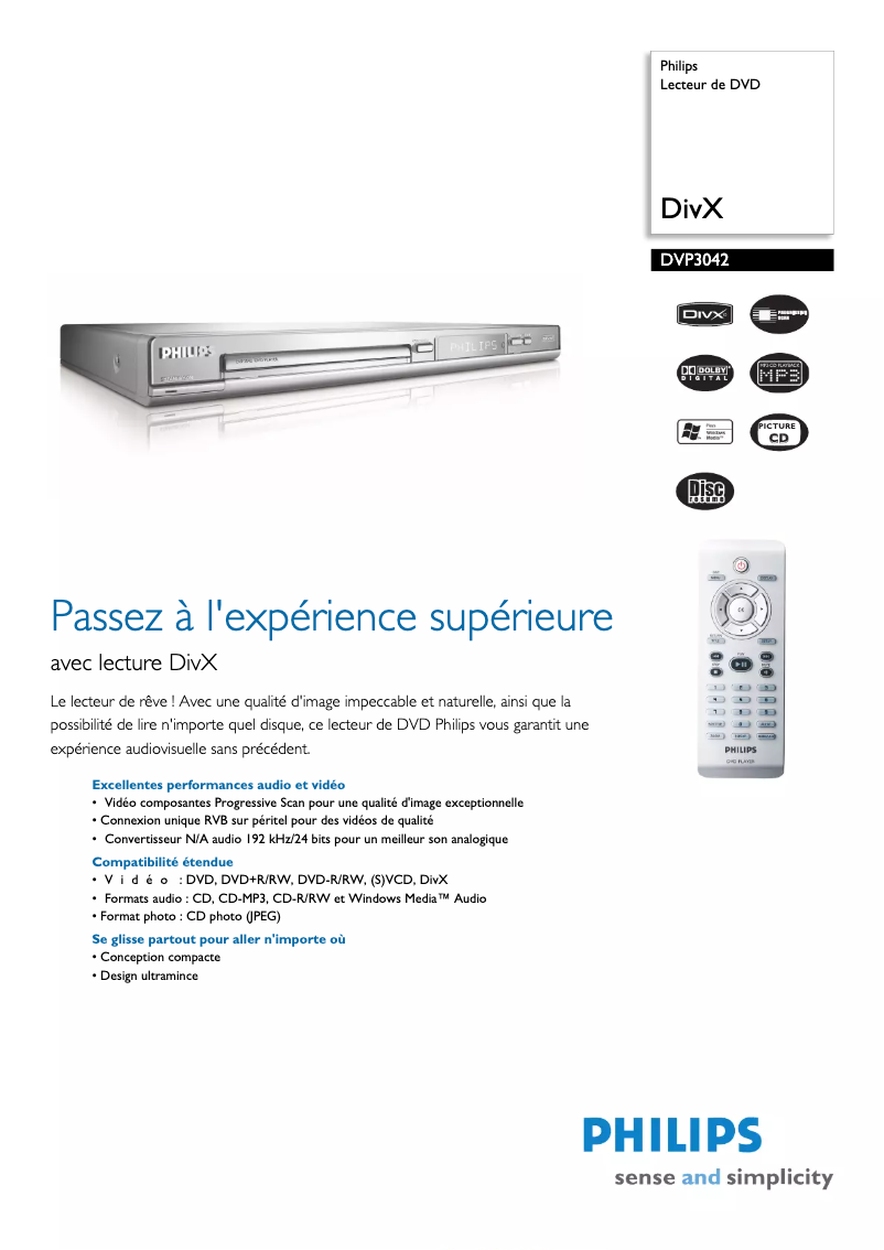 Page 1 de la notice Fiche technique Philips DVP3042