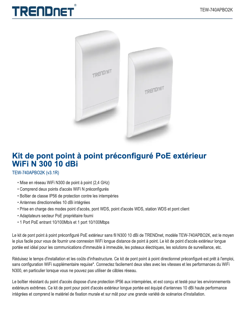 Page 1 de la notice Fiche technique TRENDnet TEW-740APBO2K