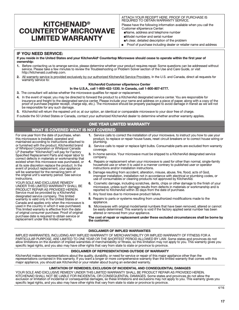 Page 1 de la notice Informations de garantie KitchenAid KMCC5015GBS