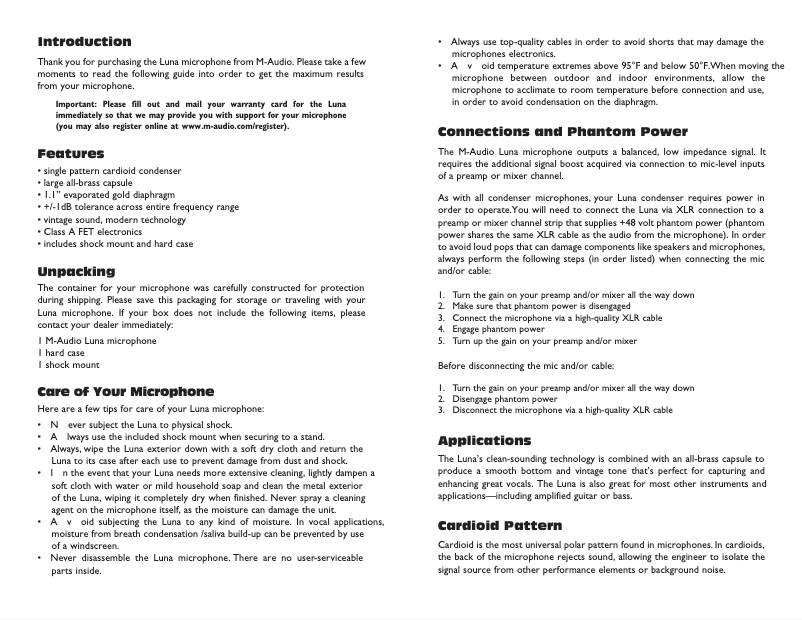 Page 1 de la notice Manuel utilisateur M-Audio Luna