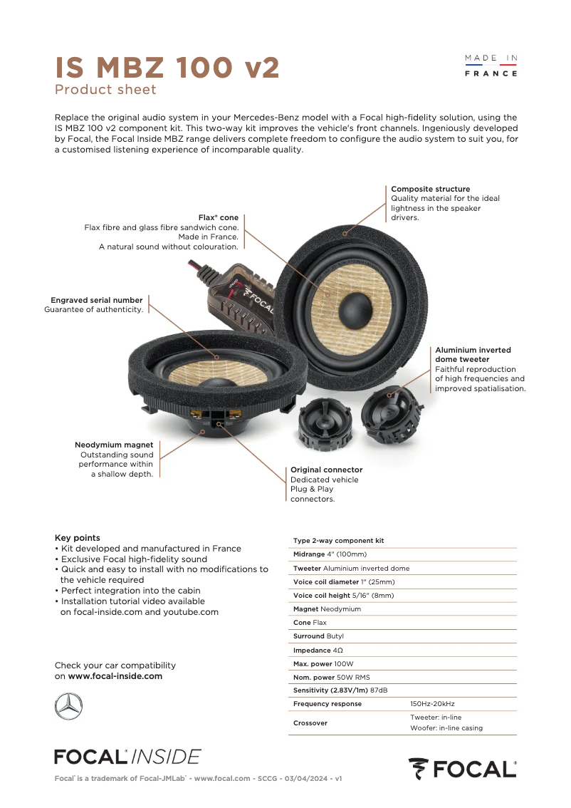 Página 1 del manual Ficha técnica Focal IS MBZ 100 V2