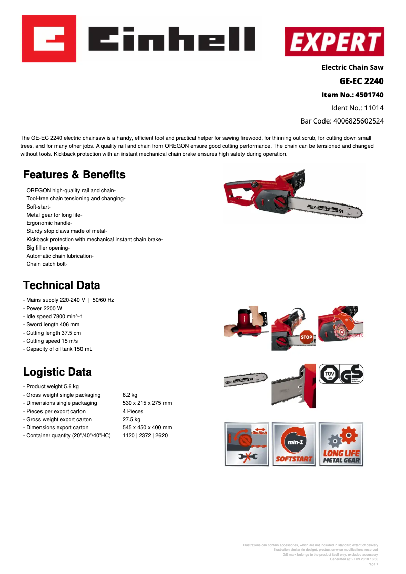 Page 1 de la notice Fiche technique Einhell GE-EC 2240