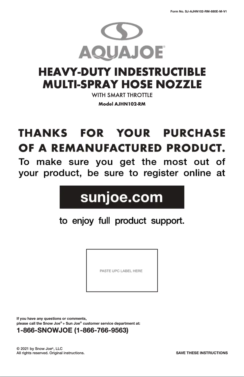 Page 1 de la notice Manuel utilisateur Aqua Joe AJHN102-RM