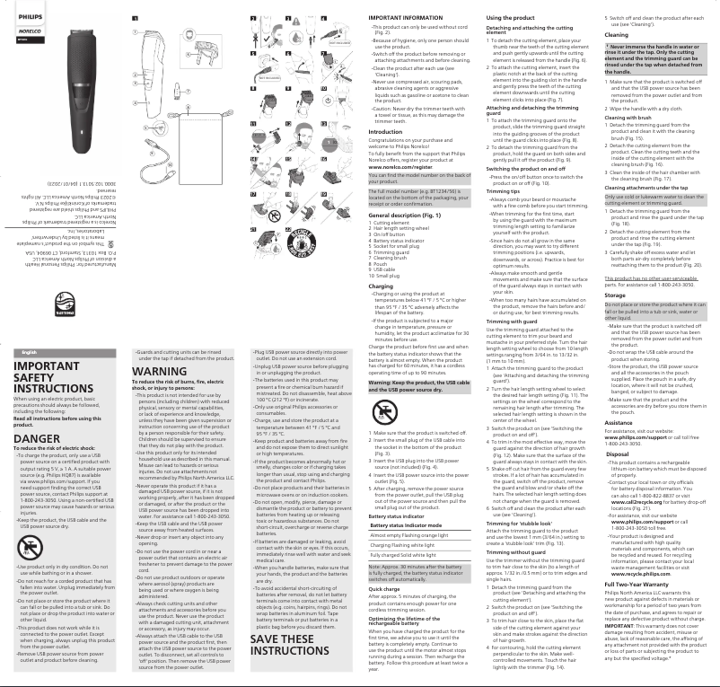 First page image of the manual for Norelco BT3230