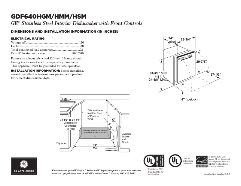 Page 1 of the manual Technical Sheet GE GDF640HGMBB
