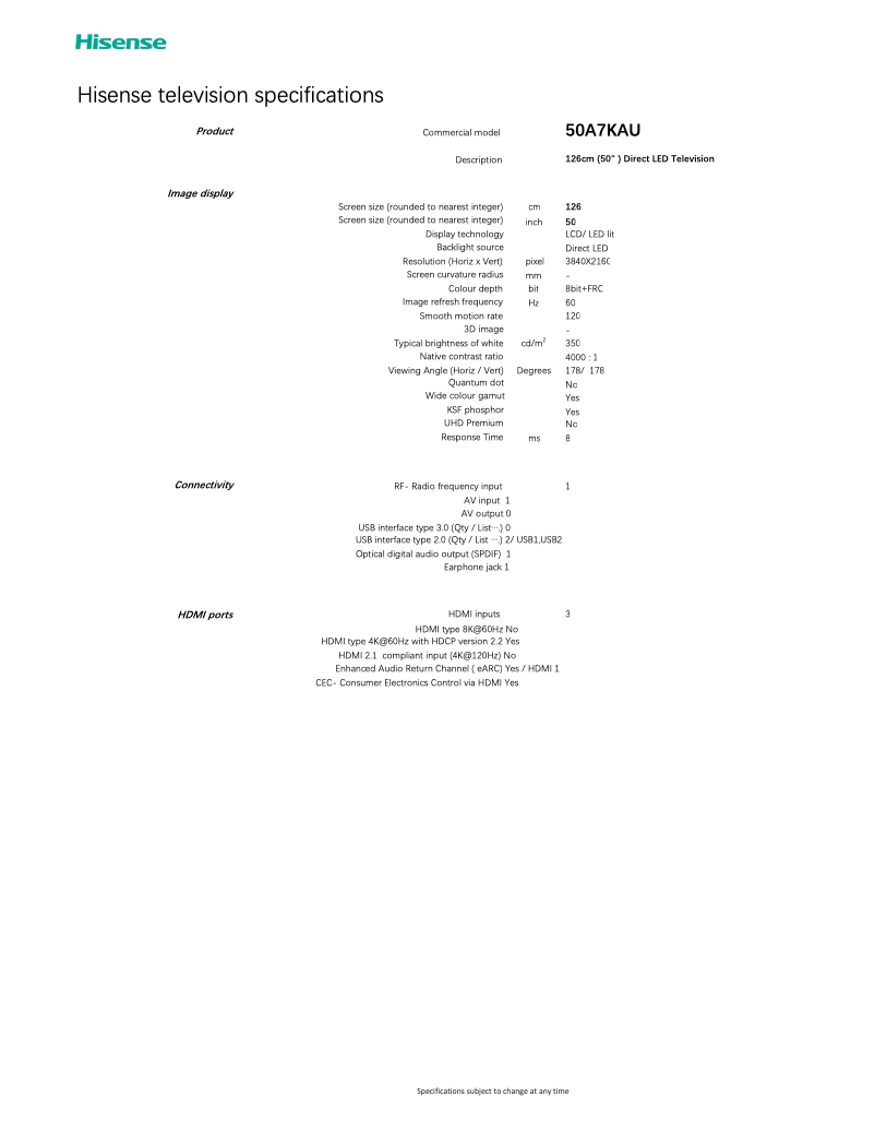 Page 1 de la notice Fiche technique Hisense 50A7KAU