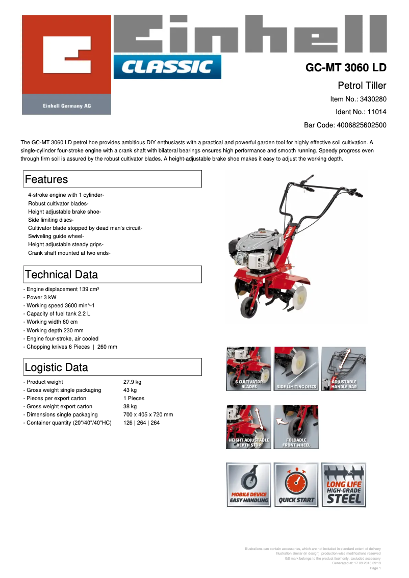Page 1 de la notice Fiche technique Einhell GC-MT 3060 LD