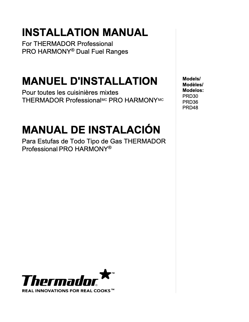 Page 1 de la notice Guide d'installation Thermador PRD364GDHU