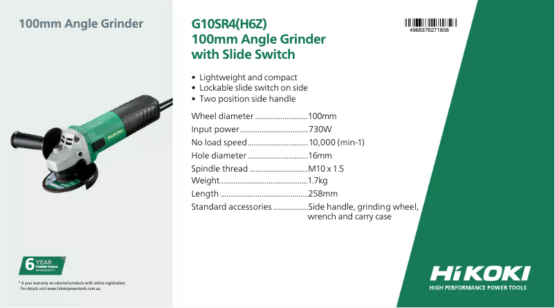 Page 1 de la notice Fiche technique HiKOKI G10SR4