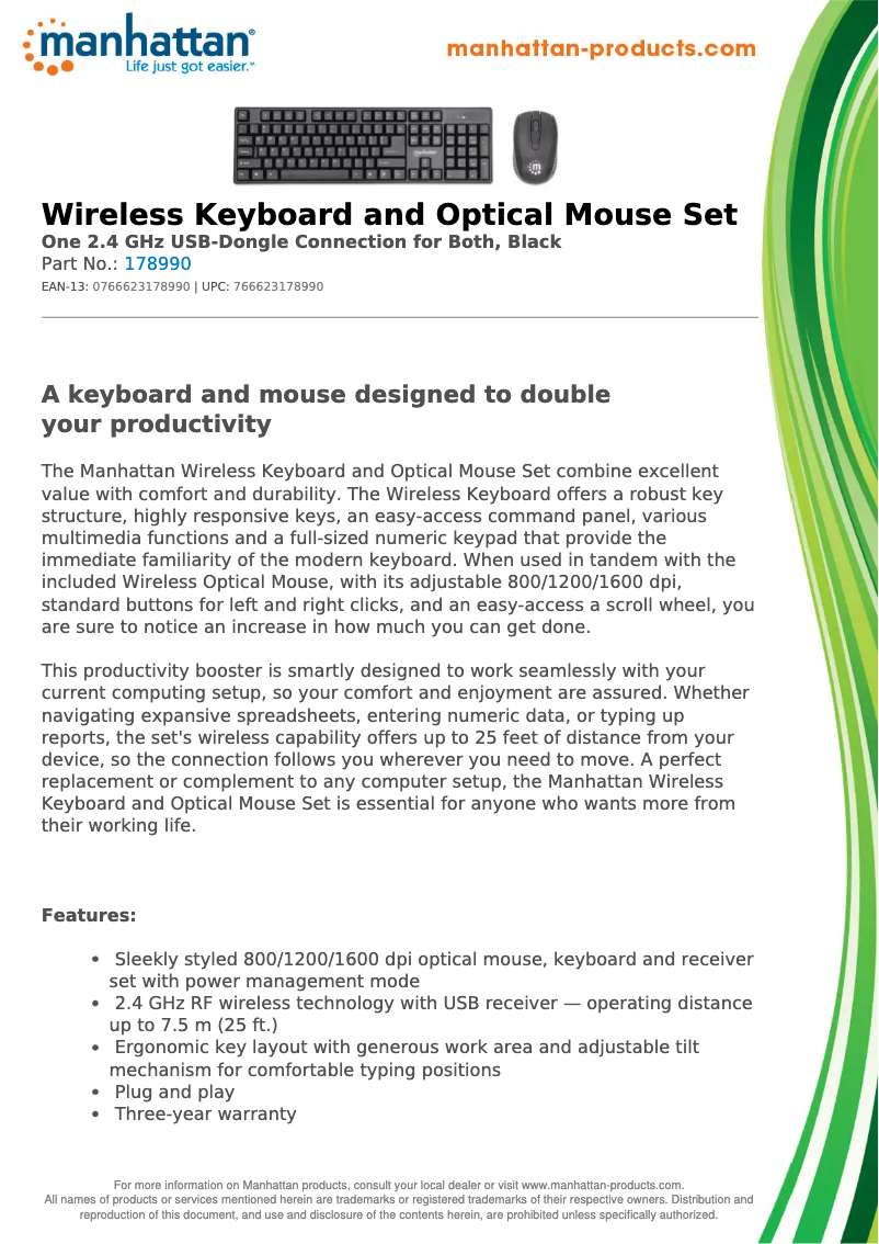Page n°1 - Fiche technique Manhattan Wireless Keyboard and Optical Mouse Set 178990