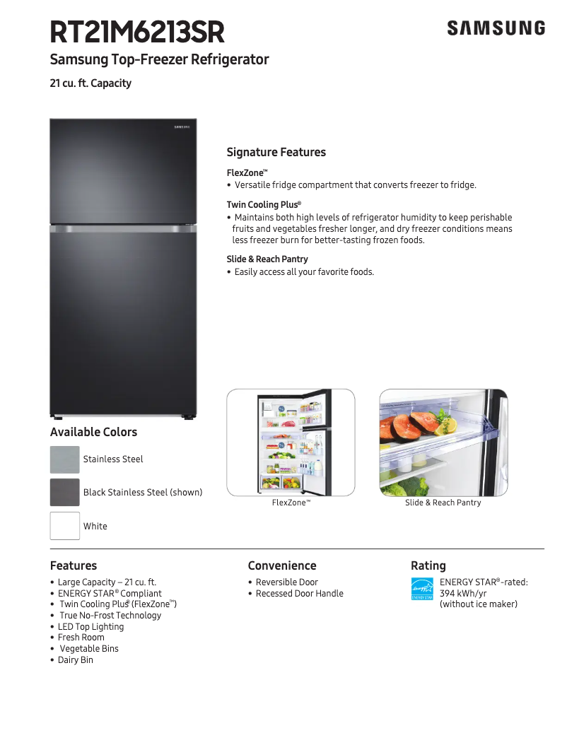 Page 1 de la notice Fiche technique Samsung RT21M6213SR/AA