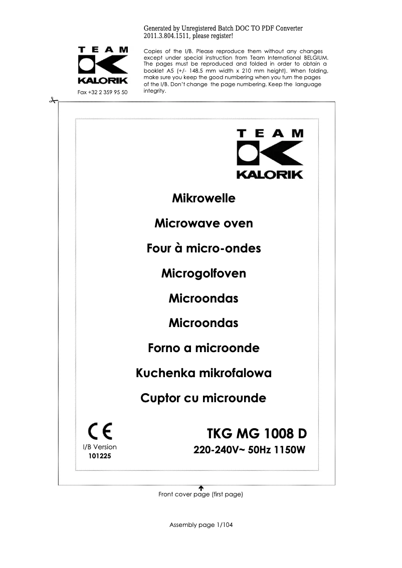 Page 1 de la notice Manuel utilisateur Kalorik TKG MG 1008 D