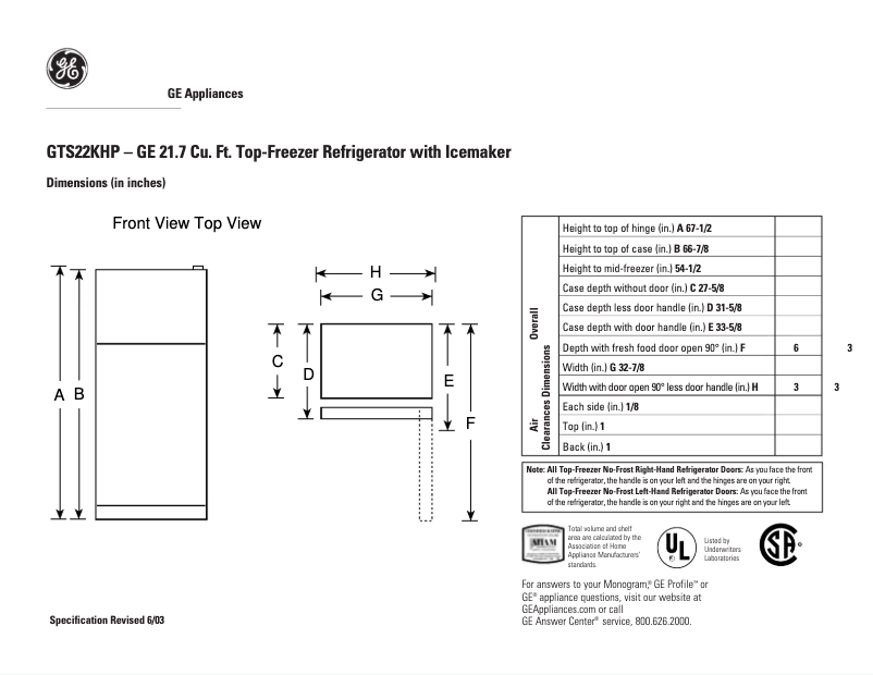 Page n°1 - Fiche technique GE GTS22KHPWW