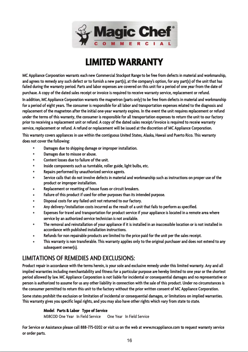 Page n°1 - Informations de garantie Magic Chef M38COD