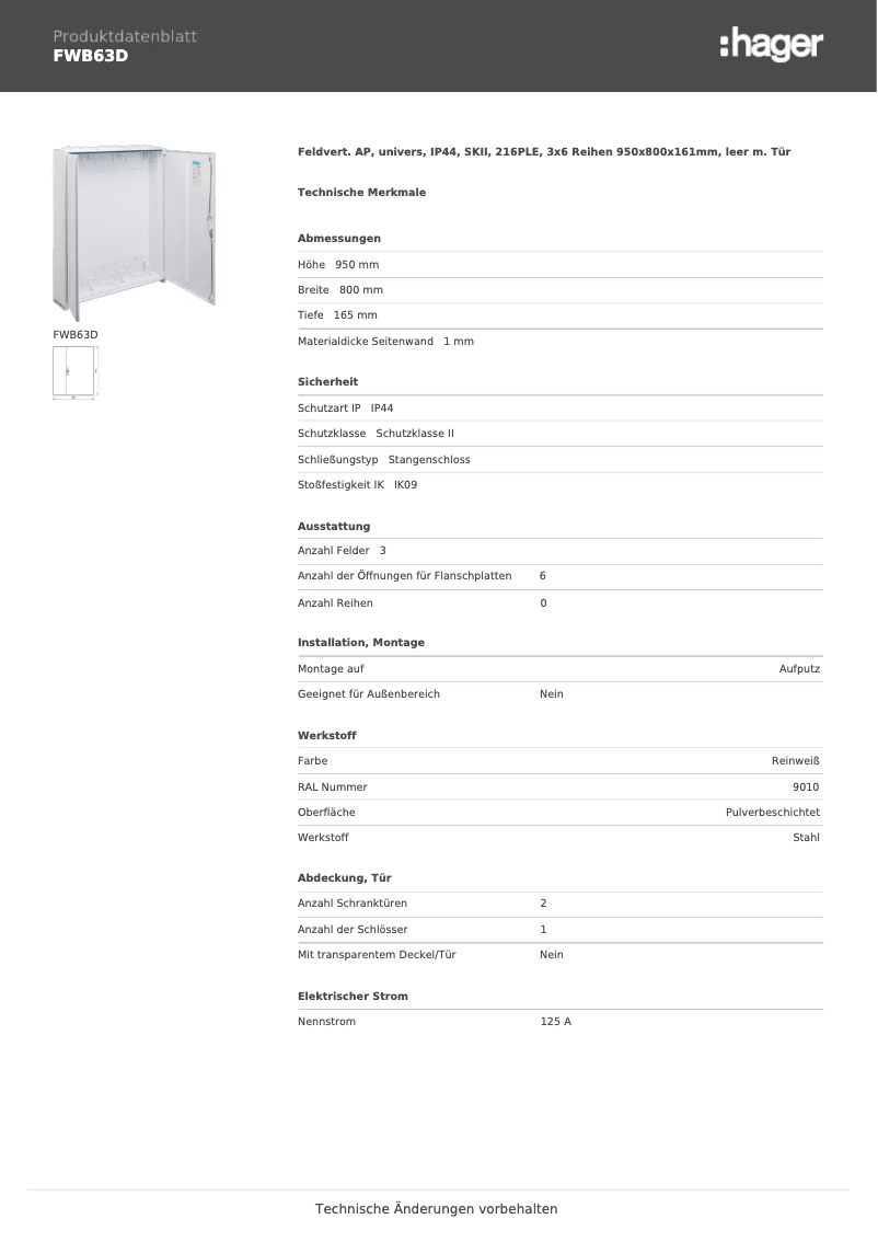 Page n°1 - Fiche technique Hager FWB63D