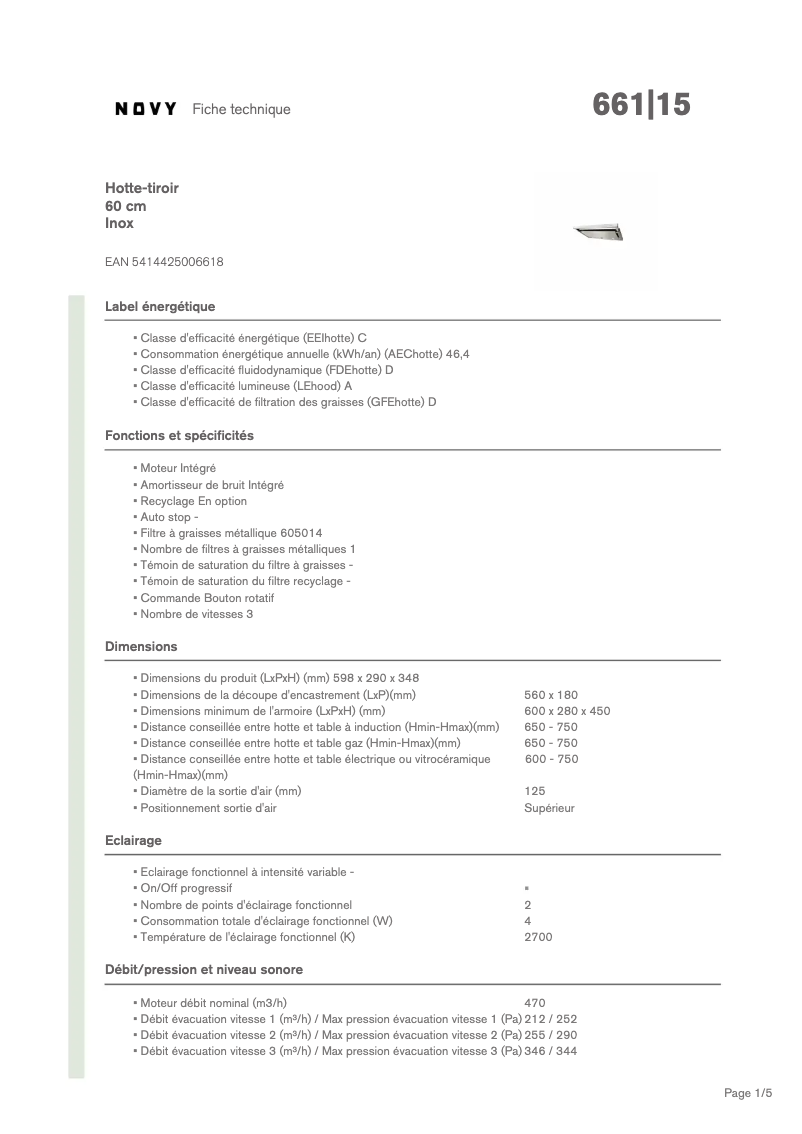 Page 1 de la notice Fiche technique Novy 661