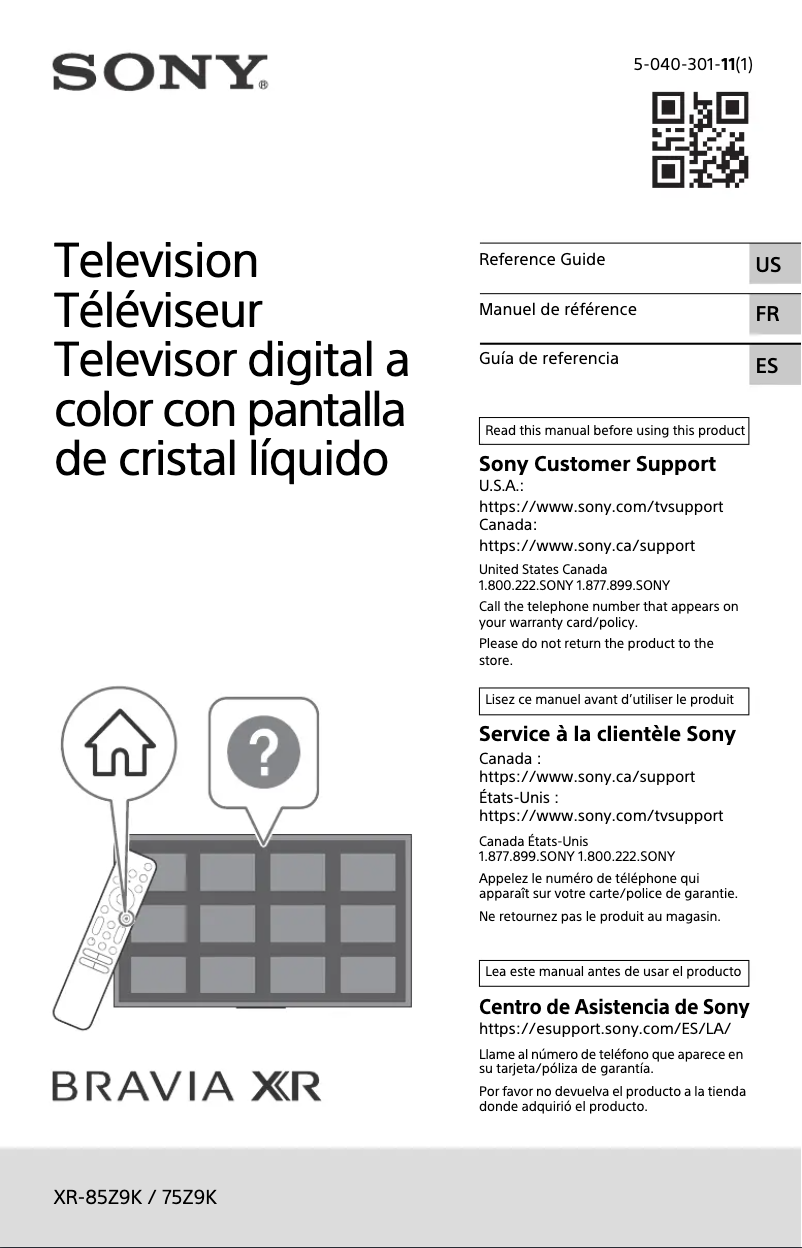 Page n°1 - Manuel utilisateur Sony Bravia XR-85Z9K