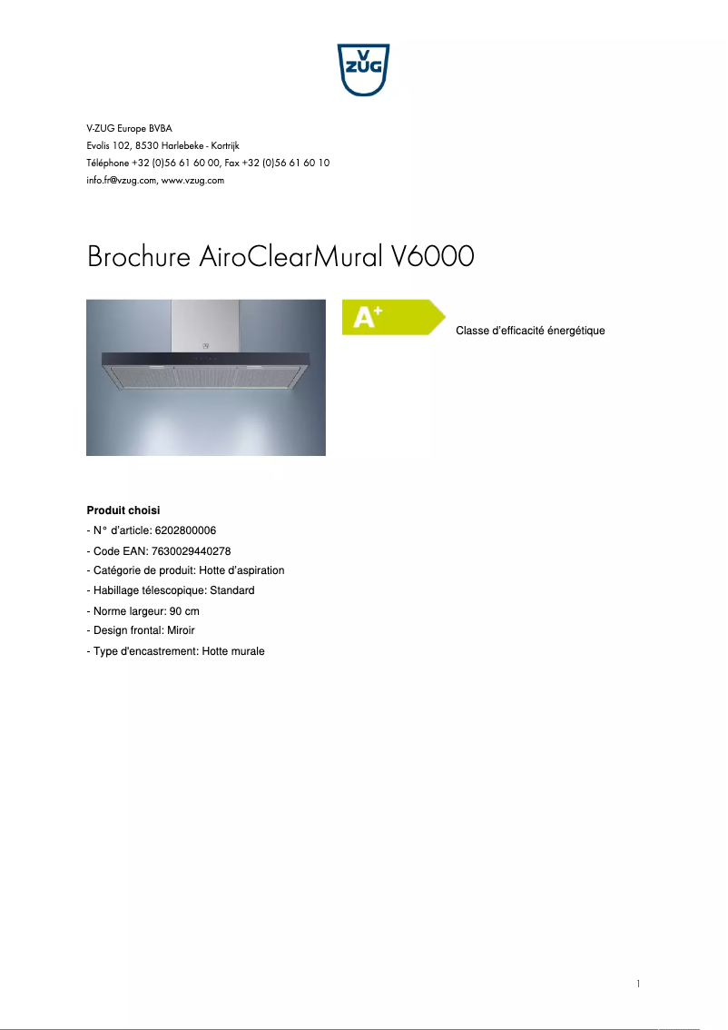 Página 1 del manual Folleto V-Zug AiroClearMural V6000