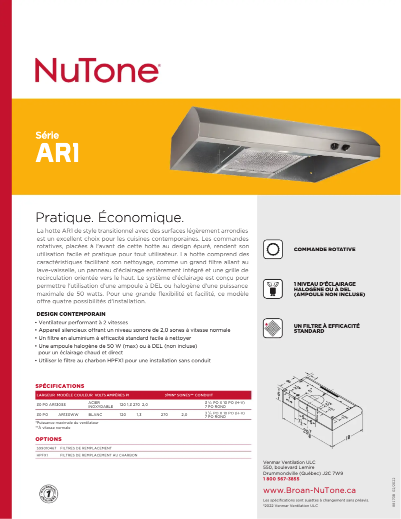 Page 1 de la notice Brochure NuTone AR130SS